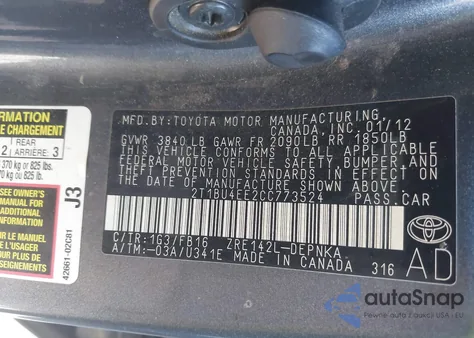 2012 Toyota Corolla Le from USA, damaged, VIN 2T1BU4EE2CC773524